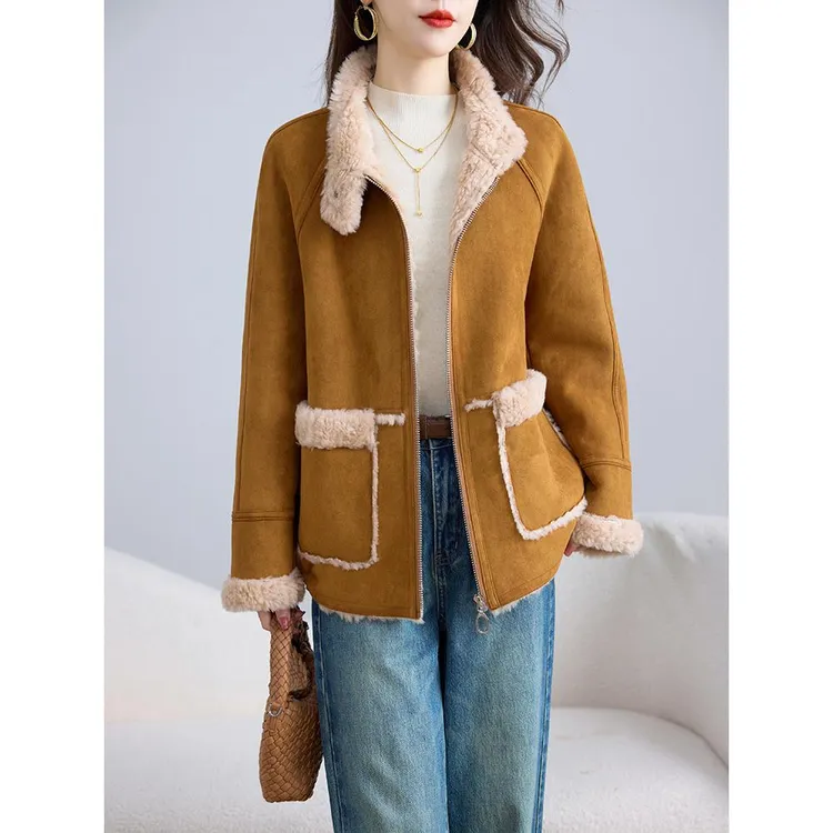 高端质感海宁羊毛皮毛一体大衣女短款麂皮颗粒绒皮草外套秋冬保暖