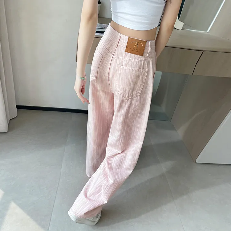 竖条纹高腰阔腿牛仔裤女2025春秋新款质感皮牌时尚显瘦垂感拖地裤