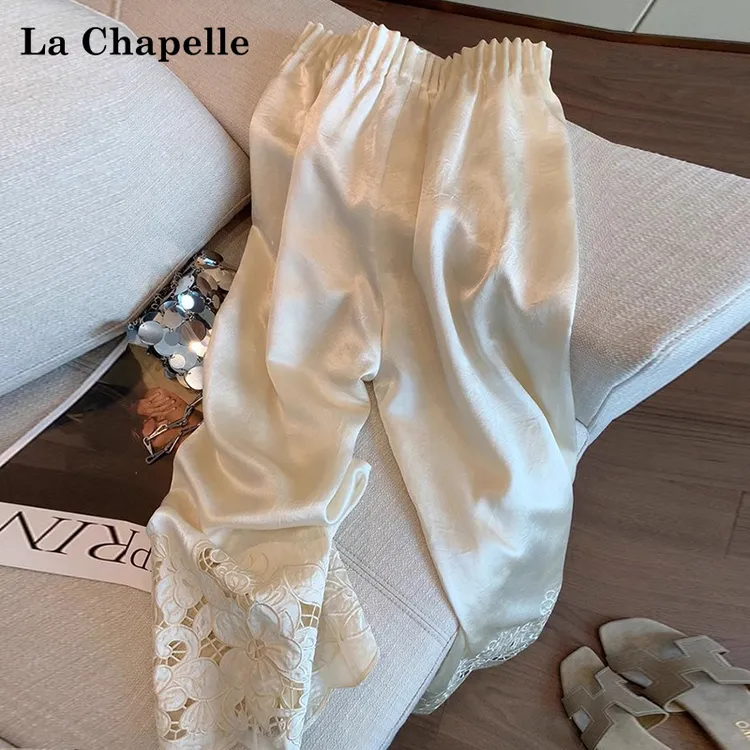 La Chapelle/拉夏贝尔新中式镂空烧花刺绣缎面阔腿裤女夏直筒裤