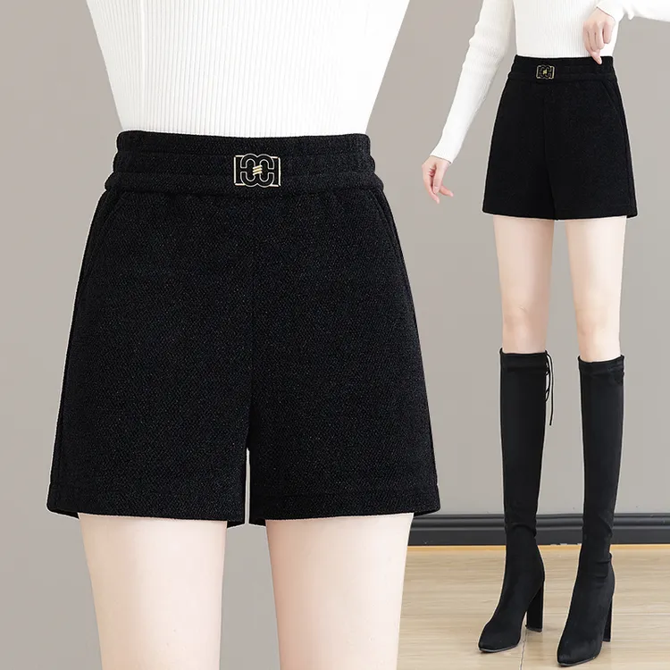 啄木鸟毛呢短裤女秋冬2025新款松紧高腰显瘦a字直筒裤休闲靴裤