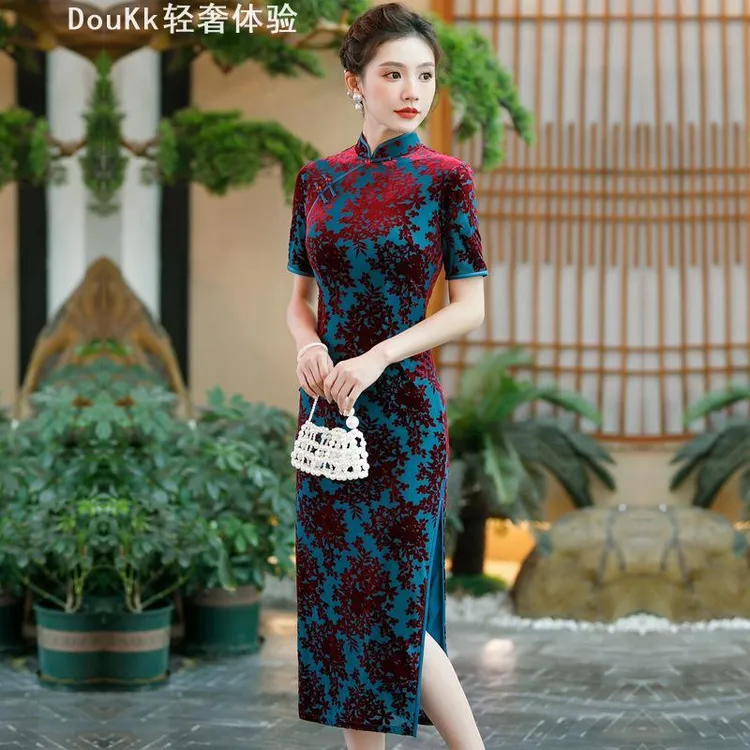 LACAH5早秋新款中国风四面弹长款复古旗袍女装少女改良连衣裙日常