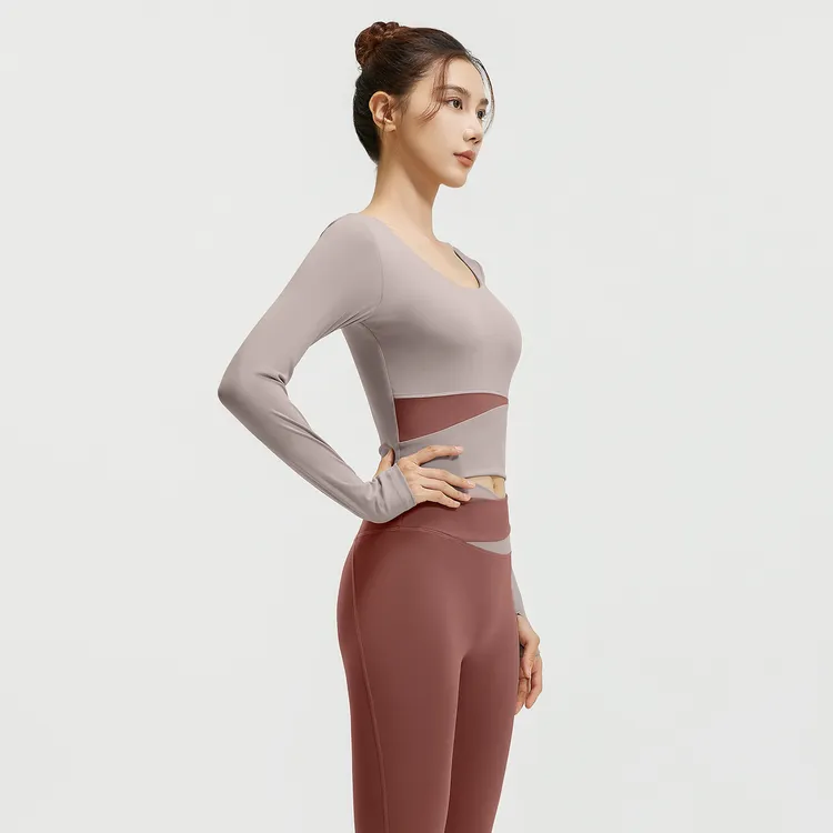 墨动瑜珈拼色长袖瑜伽服套装裸感紧身显瘦跑步