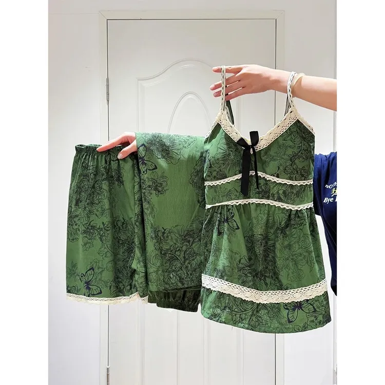 森系绿野仙踪带胸垫吊带睡衣女夏季新款蕾丝边可外穿家居服三件套