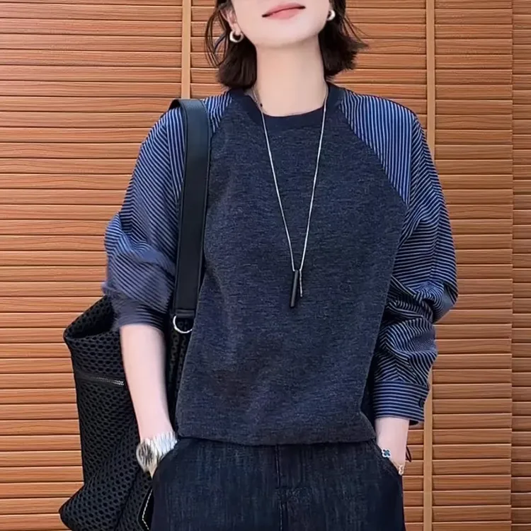 设计感条纹拼接长袖卫衣女2025春秋新款小个子宽松插肩打底衫上衣