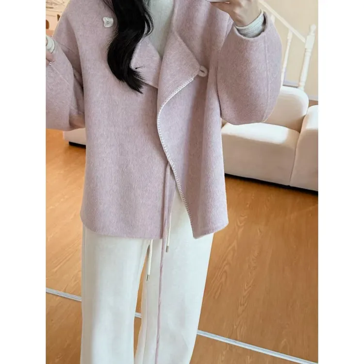 LaceyDitto2025 10/18 【粉黛草】粉色双面山羊绒绣线系带羊毛大衣