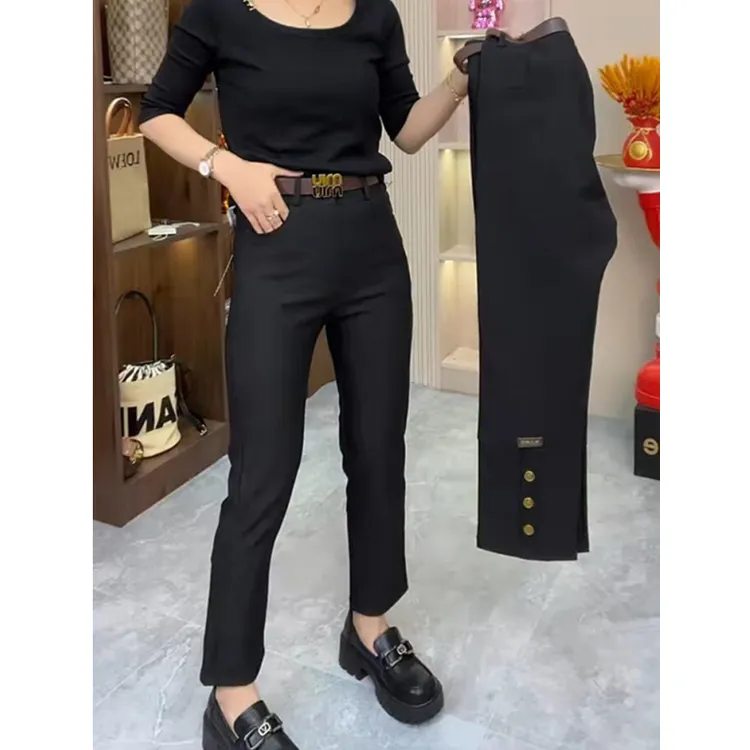 2025年春季新款大码高腰直筒休闲裤女小个子弹力显瘦烟管西装裤