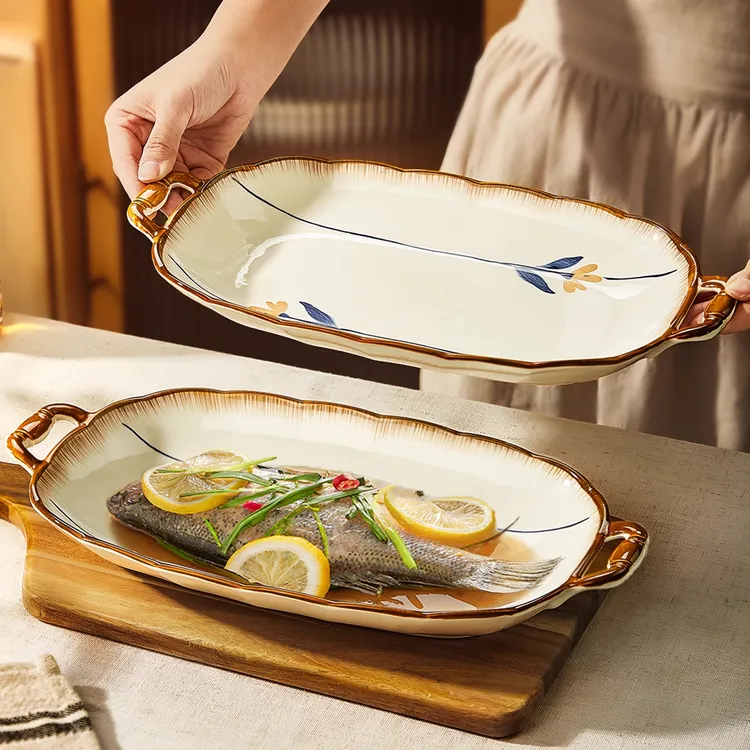 陶瓷鱼盘家用2025新款网红蒸鱼盘子高级感双耳大号鱼盆餐具装鱼碟