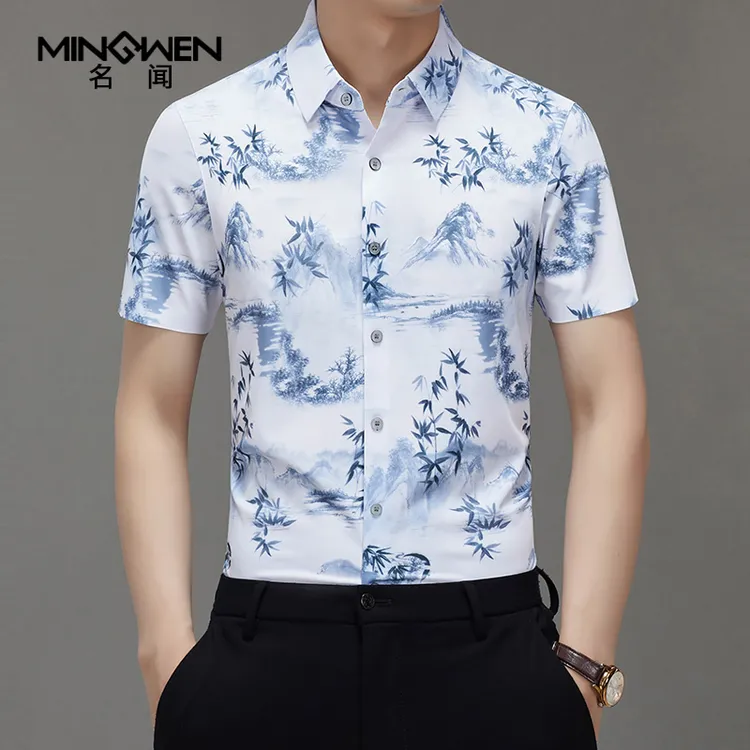 冰丝短袖衬衫男夏薄款时尚潮流高级感痞帅中国风印花含桑蚕丝衬衣