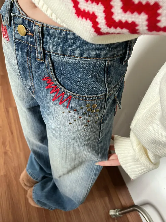 独特设计感刺绣阔腿牛仔裤女2025秋季新款重工水洗烫钻宽松直筒裤