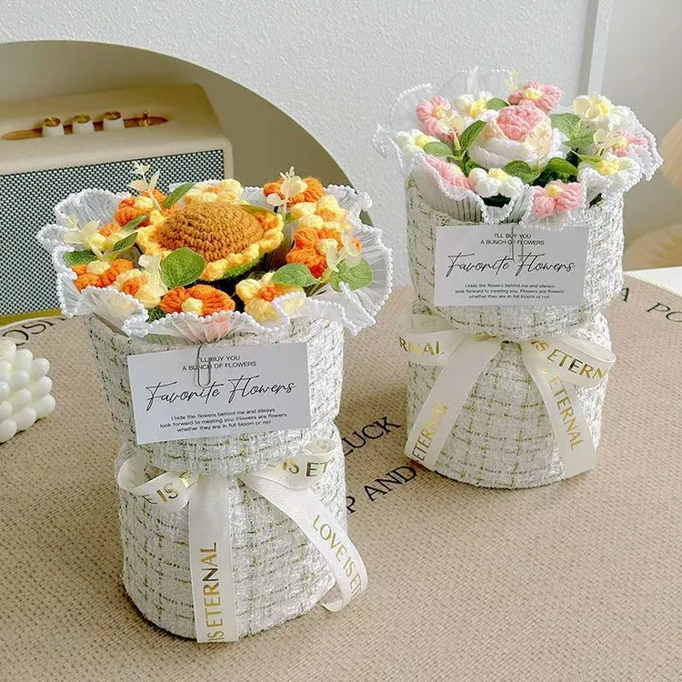 针织毛线花向日葵玫瑰花束抱抱桶创意手工生日礼物送闺蜜女友老师