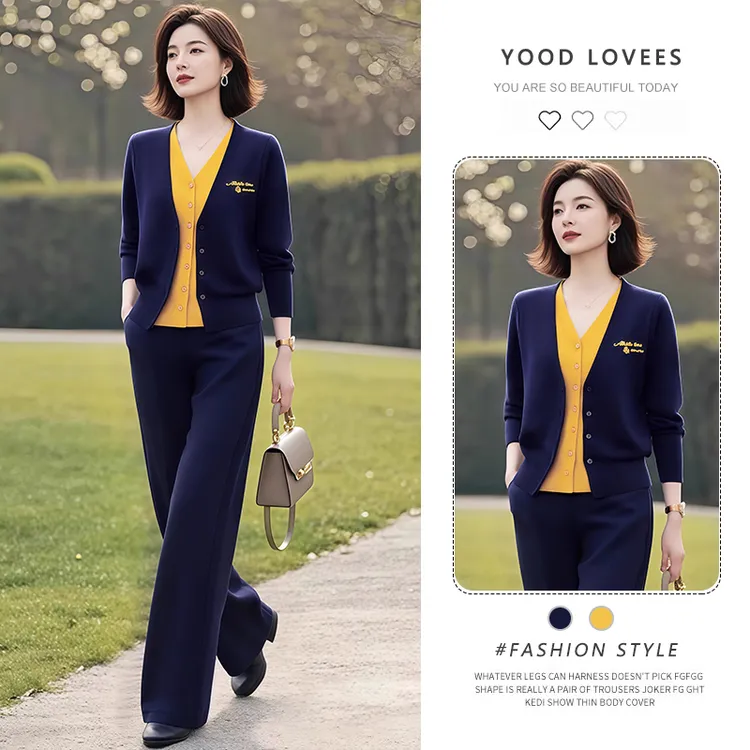 气质时尚休闲套装女2025春秋新款假两件长袖针织衫宽松显瘦阔腿裤