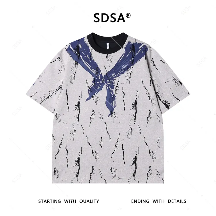 夏季高级感新款男士美式撞色印花短袖T恤磨破设计百搭圆领上衣潮