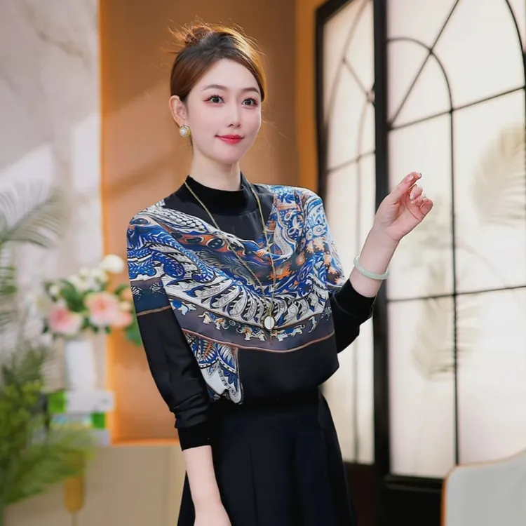 【锦蓝绘影】2025秋冬新款圆领双轴丝长袖宽松T恤减龄打底衫上衣