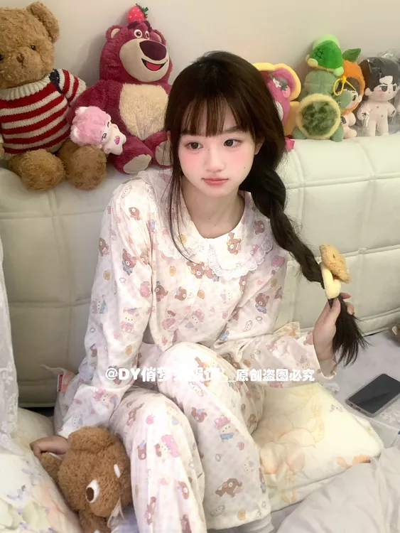 秋季新款睡衣长袖+长裤套装可爱轻松熊甜美少女家居服短袖三件套