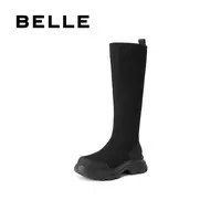 百丽鲸鱼靴复古弹力靴女2025冬季新品厚底百搭高长筒骑士靴瘦瘦靴