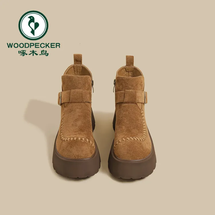 啄木鸟设计款厚底马丁靴女棕色绒面短靴增高轻便显瘦百搭勃肯鞋女