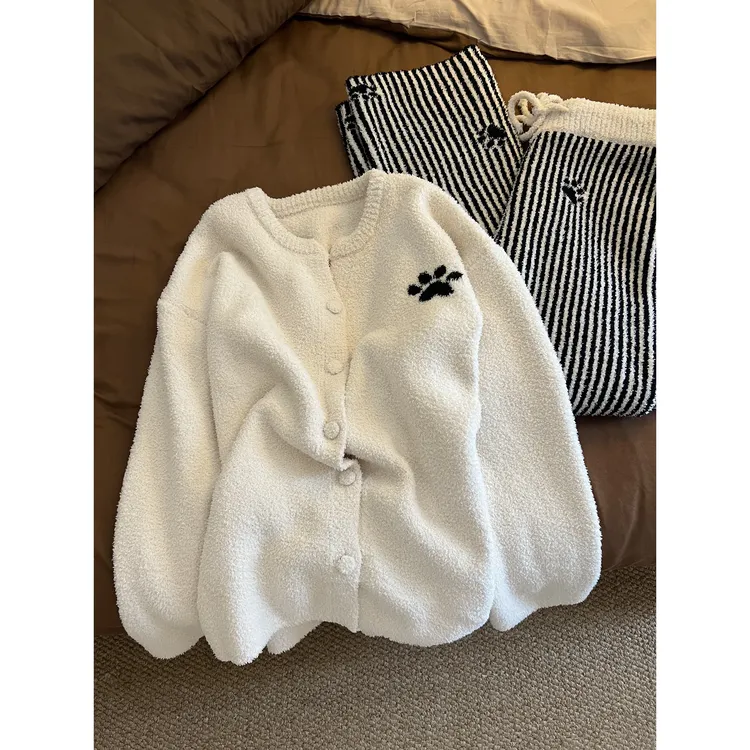 软糯猫爪半边绒针织毛衣睡衣女秋冬新款加厚保暖家居服套装可外穿