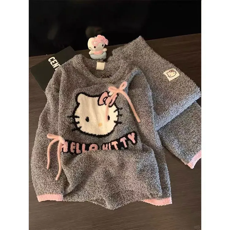 韩版卡通甜美Kitty猫冬季珊瑚绒睡衣女可爱加绒加厚保暖家居服