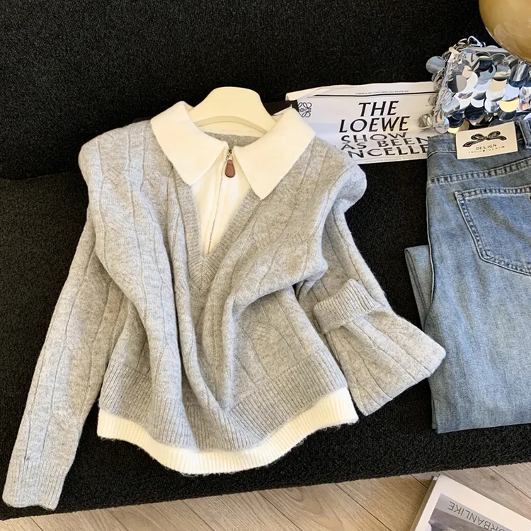 2025新款显瘦修身时尚美拉德甜美风翻领半拉链假两件针织毛衣女