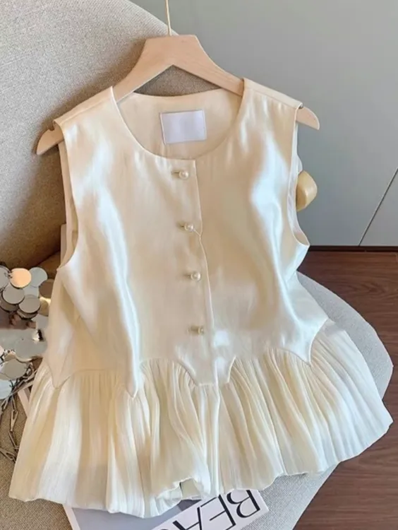 法式珠光网纱拼接无袖上衣女夏季2025新款温柔小香风显瘦马甲背心