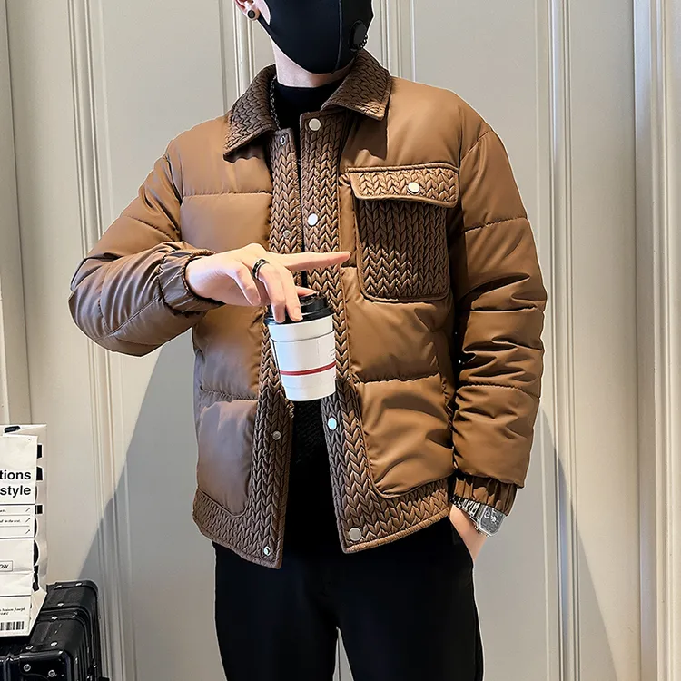 设计感翻领棉衣男冬季潮牌麦穗拼接棉服夹克2025新款冬装加厚外套