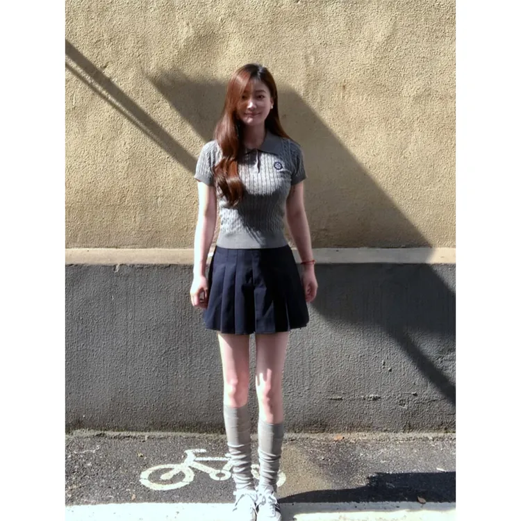 学院风麻花短袖t恤百搭针织衫高腰显瘦百搭西装半身裙a字百褶裙女