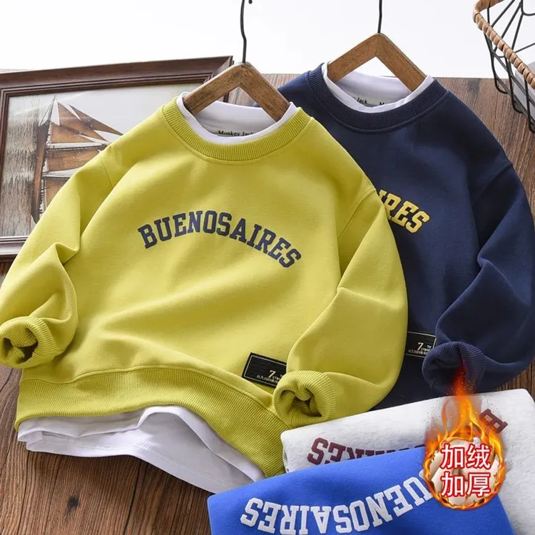 （加绒/不加绒）儿童字母假两件卫衣运动宽松圆领时尚外穿上衣