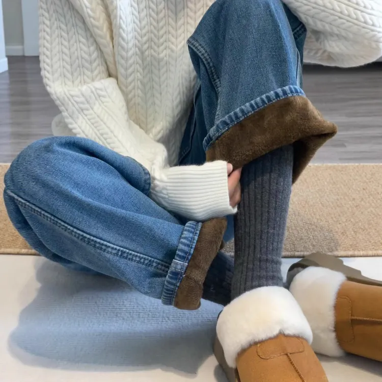 加绒复古窄版阔腿牛仔裤女2025秋冬季高腰保暖宽松显瘦垂感直筒裤