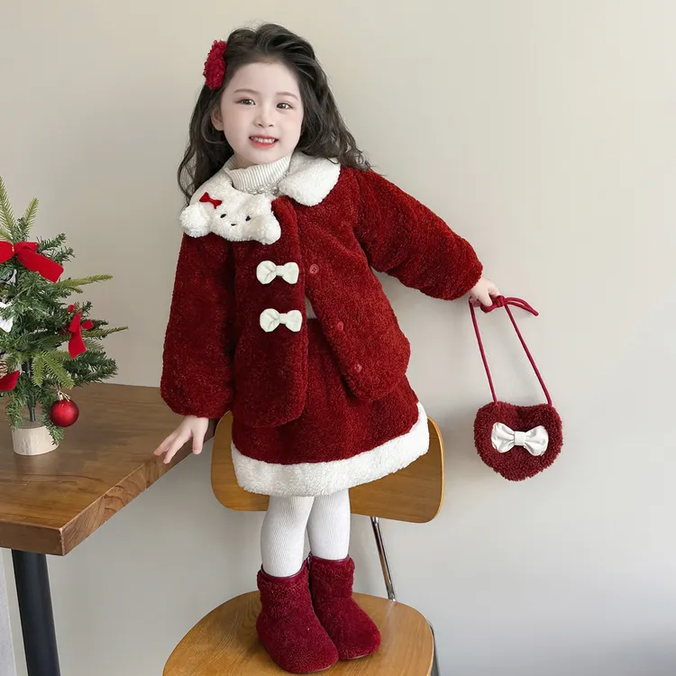 女童加绒加厚毛毛衣时尚外套套装冬装儿童时髦加厚裙子衣服两件套