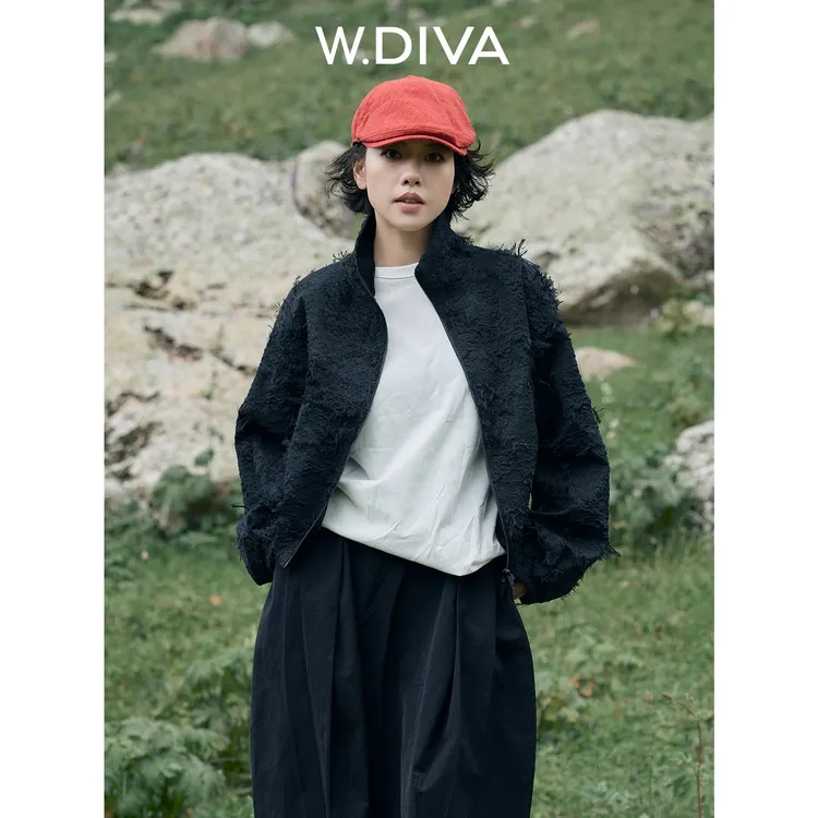 W.Diva【卷畔】破碎感提花织带收束立领拉链夹克小众女装53C242715
