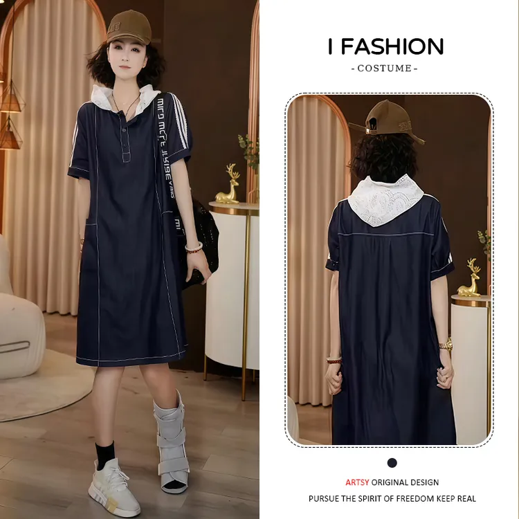 高含棉牛仔潮流短袖连帽连衣裙女士2025年夏季新款休闲显瘦裙子潮