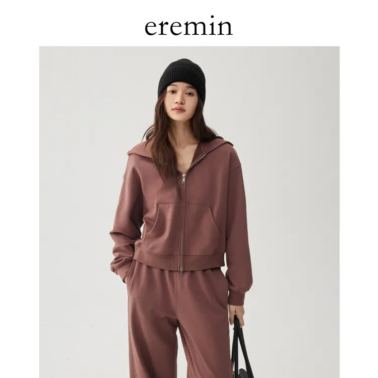 DE Mincollection砖红卫衣/定染高密全棉舒适袋鼠兜连帽卫衣56099