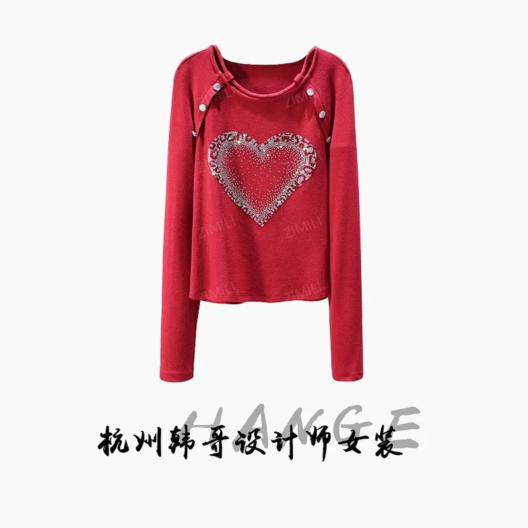 【韩哥女装】2025秋冬新品《丘比特系列》蕉红色心形烫钻衣26076-A9