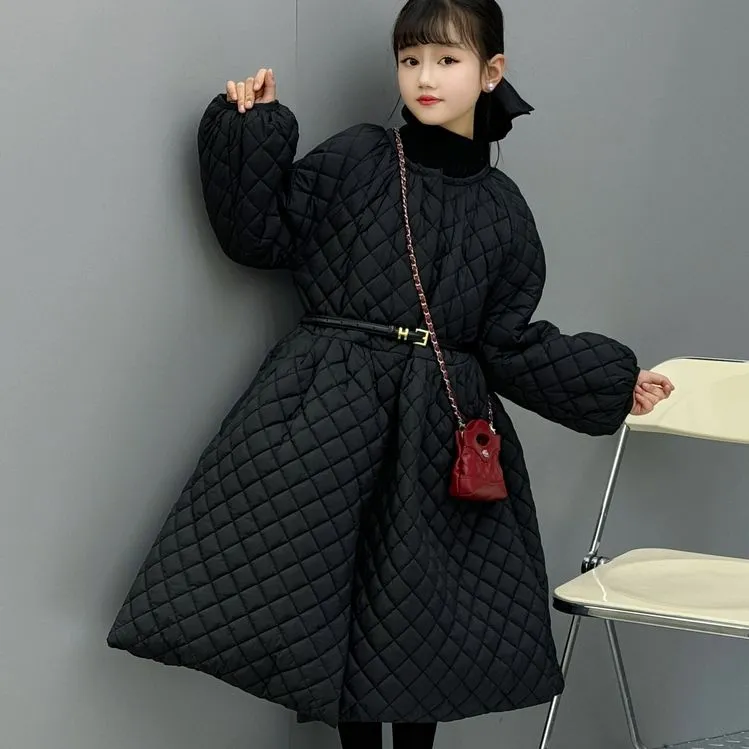 [麦哆哆」120-170女童中大童冬季赫本风韩版加绒长款过膝保暖棉服