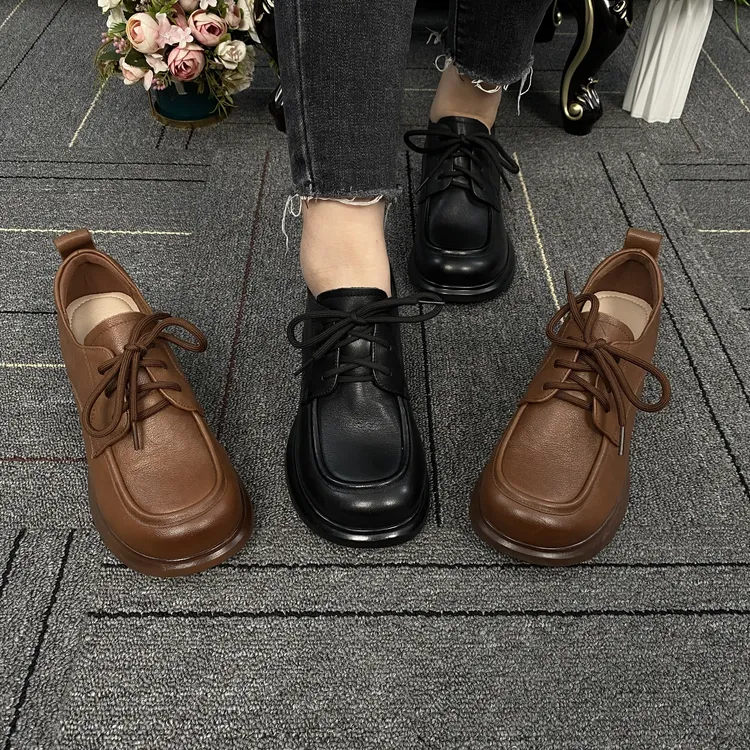 春季100%纯牛皮女鞋春秋真皮百搭软底粗跟单鞋头层牛皮深口系带鞋