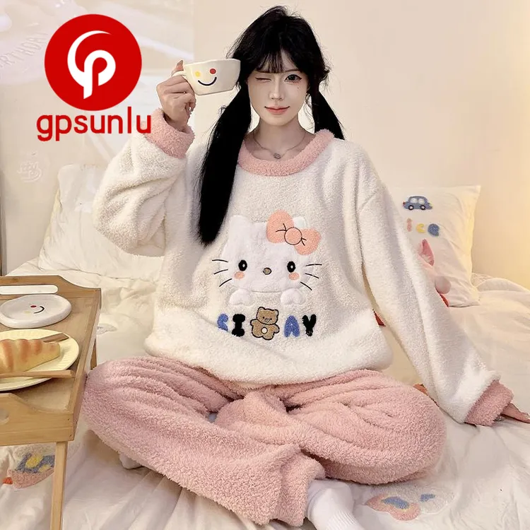 gpsunlu半边绒保暖睡衣女秋冬季软糯圆领可爱甜美少女毛绒家居服
