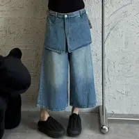 《大韩韩推荐》八分两片牛仔裤大码女装秋冬显瘦水洗百搭松紧腰直筒