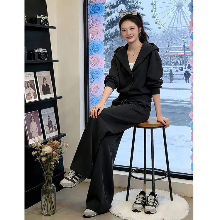 休闲风时尚套装上衣阔腿裤高腰黑色气质显瘦秋冬女装长袖运动时尚