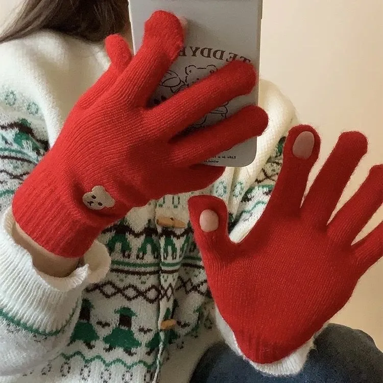保暖手套女2025新款针织冬季可触屏电动车防寒新款手套可爱男女款
