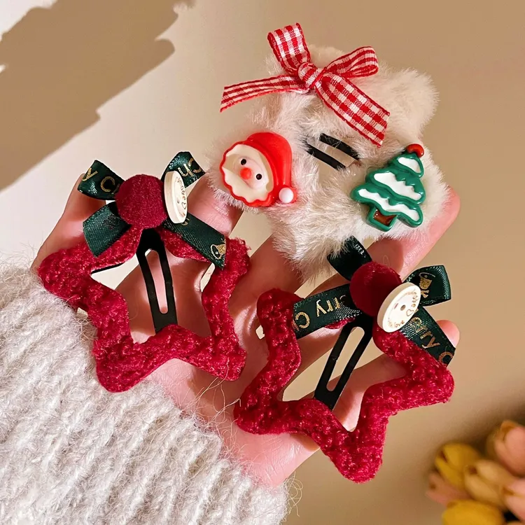 新年红色毛绒星星发夹可爱甜美蝴蝶结刘海侧边夹圣诞碎发bb夹头饰