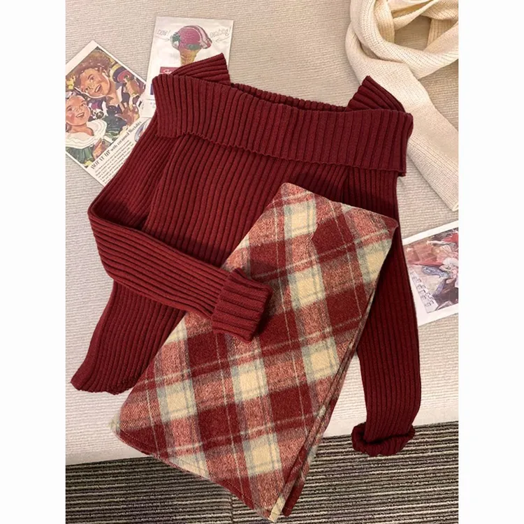 新年战袍红色不规则一字肩毛衣女秋冬高腰毛呢格子半身裙两件套装