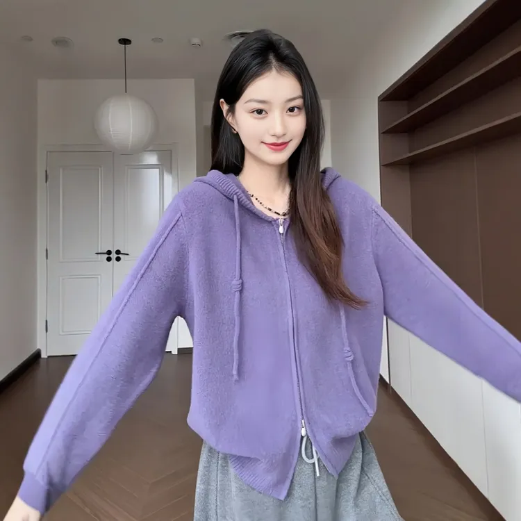 大码女装紫色连帽针织开衫外套2025秋冬新款胖mm显瘦内搭长袖上衣