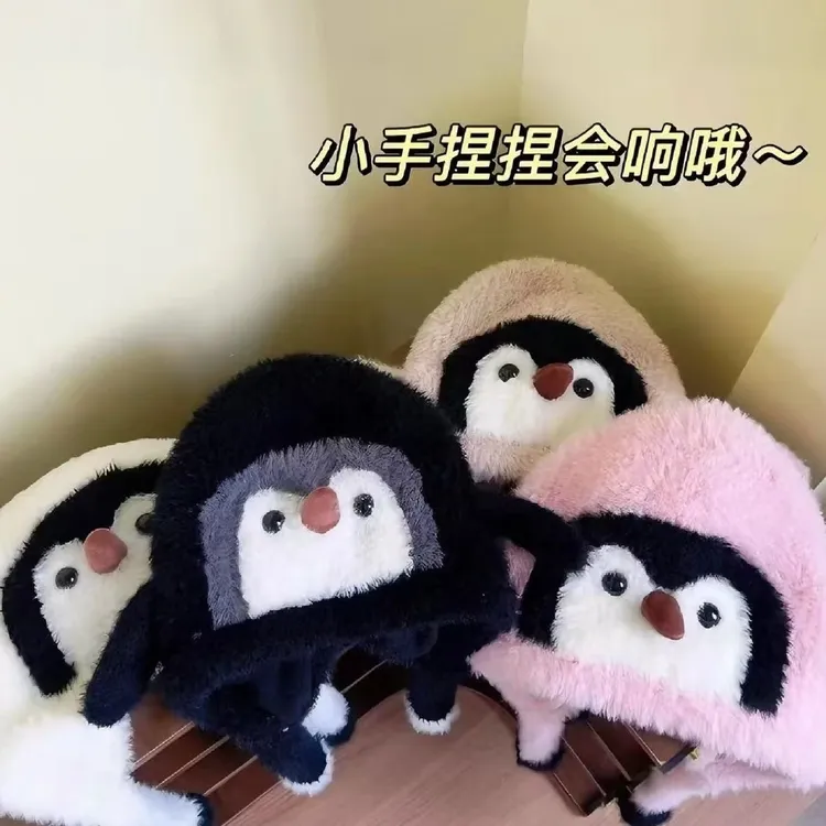 企鹅休闲风无檐卡通风圆顶帽子童帽冬天加绒秋冬季