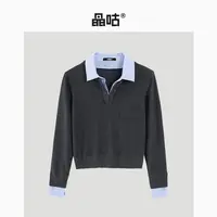 【晶咕&泡芙妈】条纹假两件针织拼接polo翻领上衣