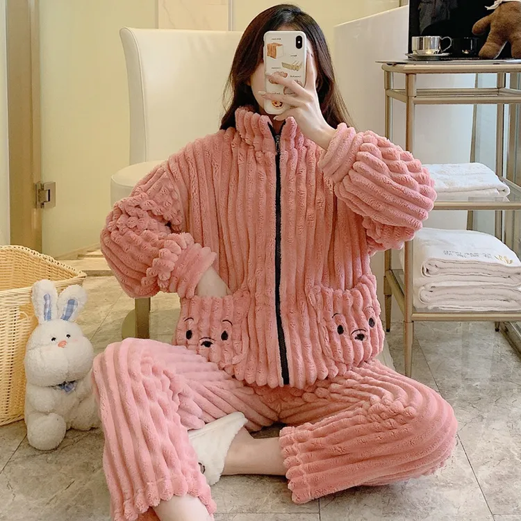 秋冬款睡衣女珊瑚绒加厚保暖拉链加大码套装休闲卡通家居服可外穿