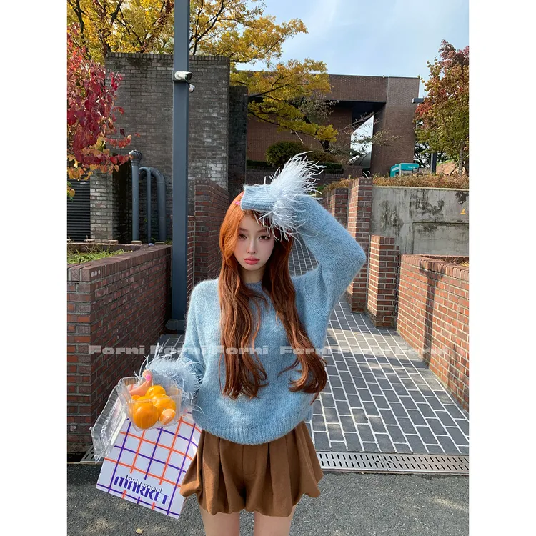 FORNI 氧气感美女 马海毛羊毛拼接鸵鸟毛袖口针织套头毛衣
