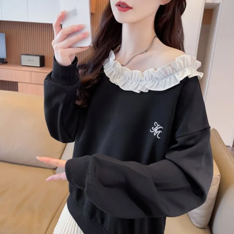 一字领花边设计感卫衣女春秋季2025新款宽松大码小个子露肩上衣服