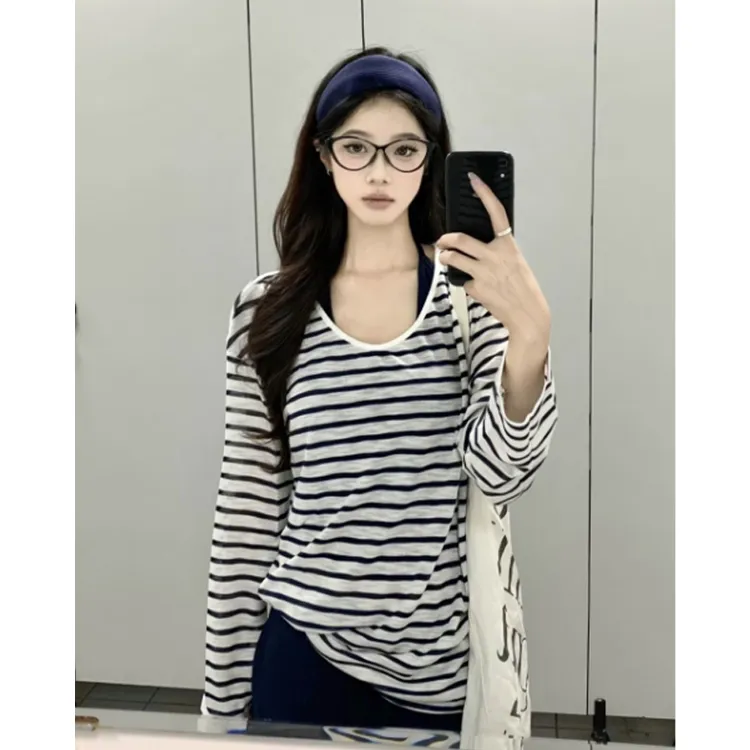 撞色条纹长袖T恤女2025早秋新款宽松慵懒风薄款外搭空调罩衫上衣