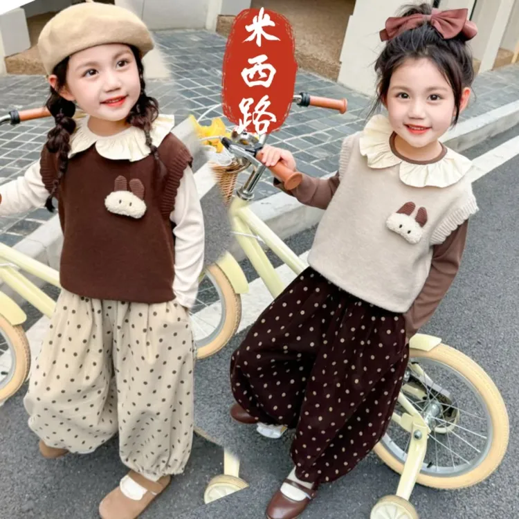 女童套装2025秋季新款儿童洋气针织马甲打底衫圆点休闲裤子三件套