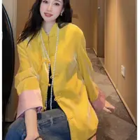 （双面双穿）杨幂明星同款黄色新中式盘扣衬衫女国风丝绒衬衣外套
